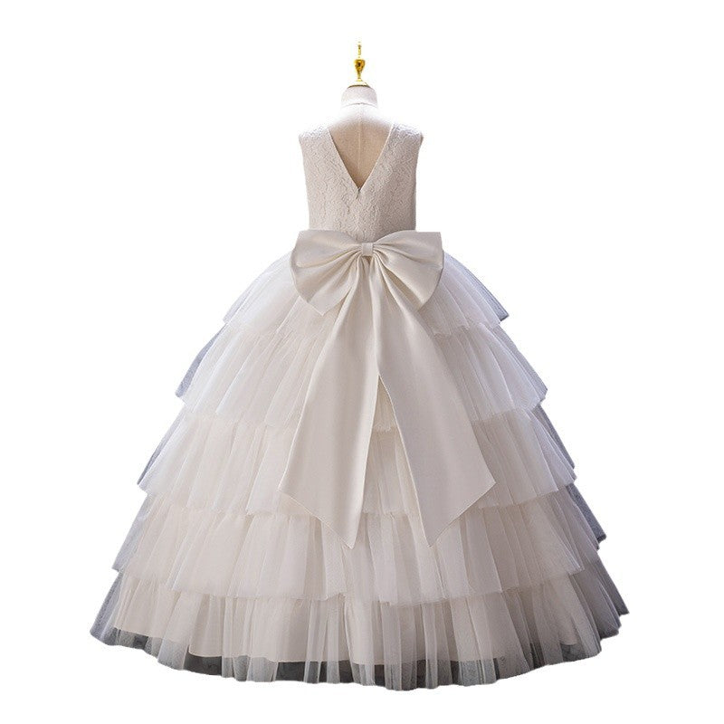 Girls' dresses flower girl wedding dress high-end white cake skirt elegant piano performance little girl runway dress european and american style