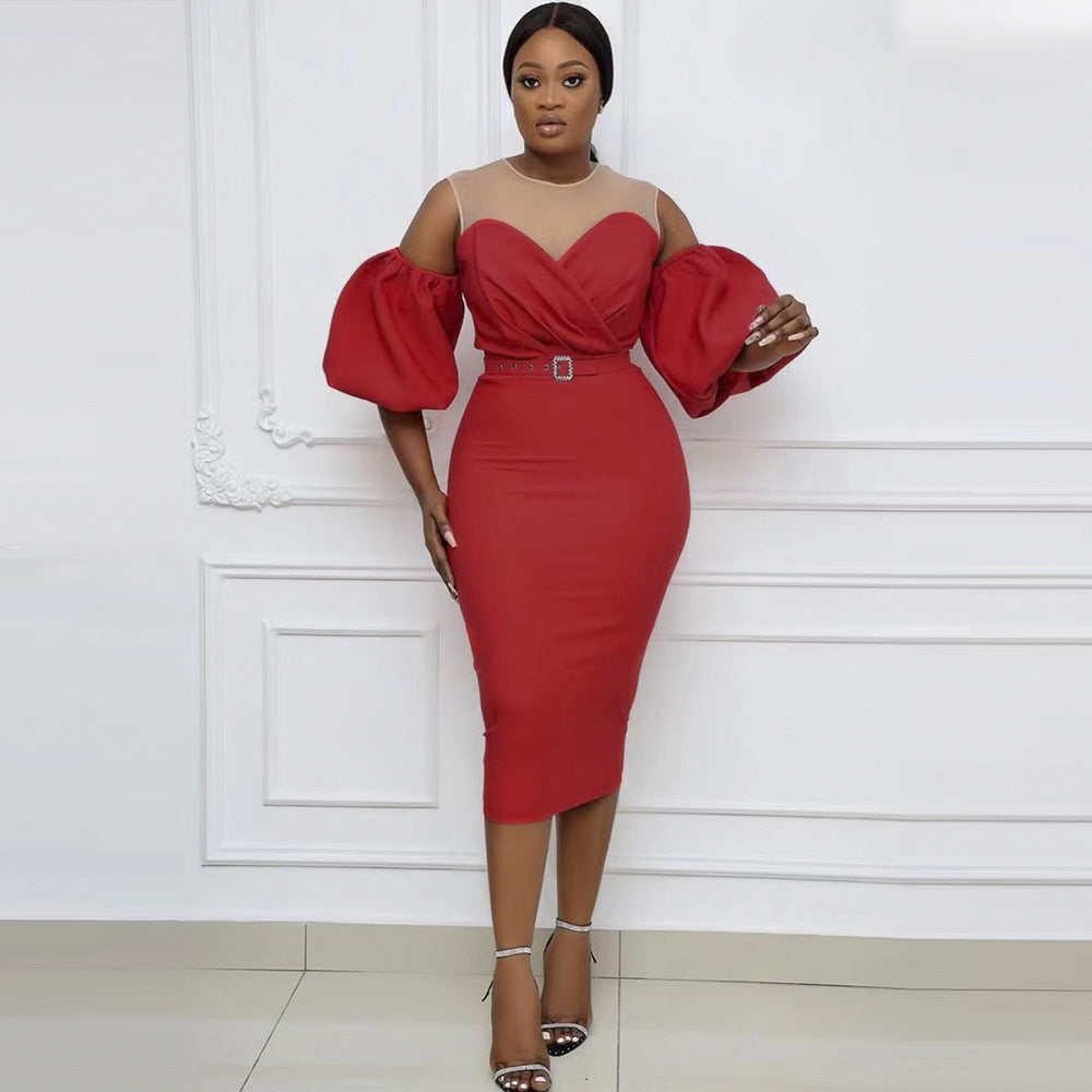 Plus size women's fashion: european & american style african-inspired dress - puff sleeve, off-the-shoulder, sexy bodycon midi dress with belt