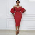 Plus size women's fashion: european & american style african-inspired dress - puff sleeve, off-the-shoulder, sexy bodycon midi dress with belt