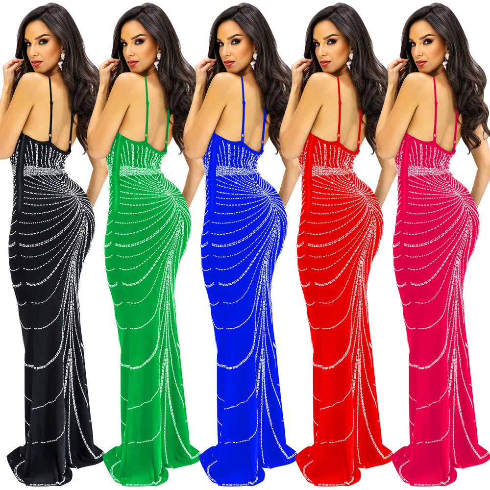 C6388   fashion women's solid color camisole sleeveless rhinestone backless maxi dress