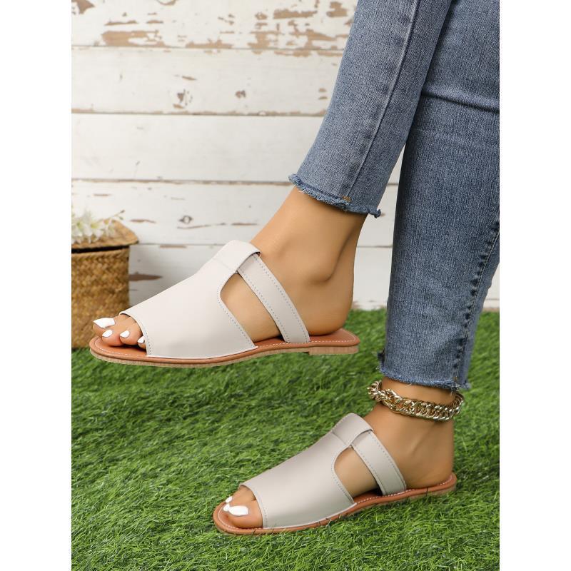European and american plus size open-toe flat sandals - women's summer new solid color peep-toe beach slippers -