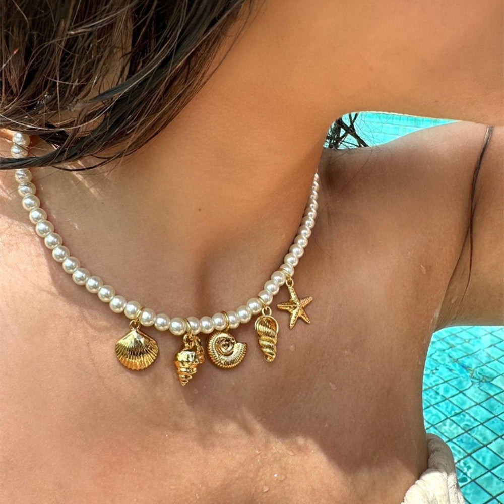 European and american cross-border ocean style alloy shell starfish conch pendant necklace, light luxury niche pearl jewelry necklace