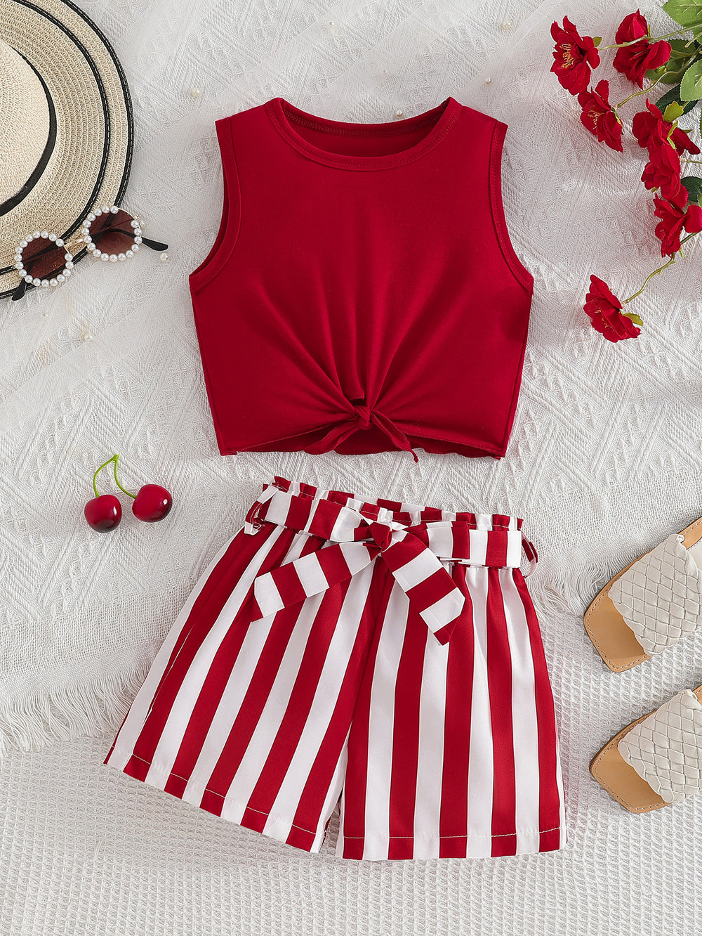 girls' round neck red tank top set - sleeveless top with striped shorts and belt - summer kids' two-piece outfit