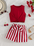 girls' round neck red tank top set - sleeveless top with striped shorts and belt - summer kids' two-piece outfit