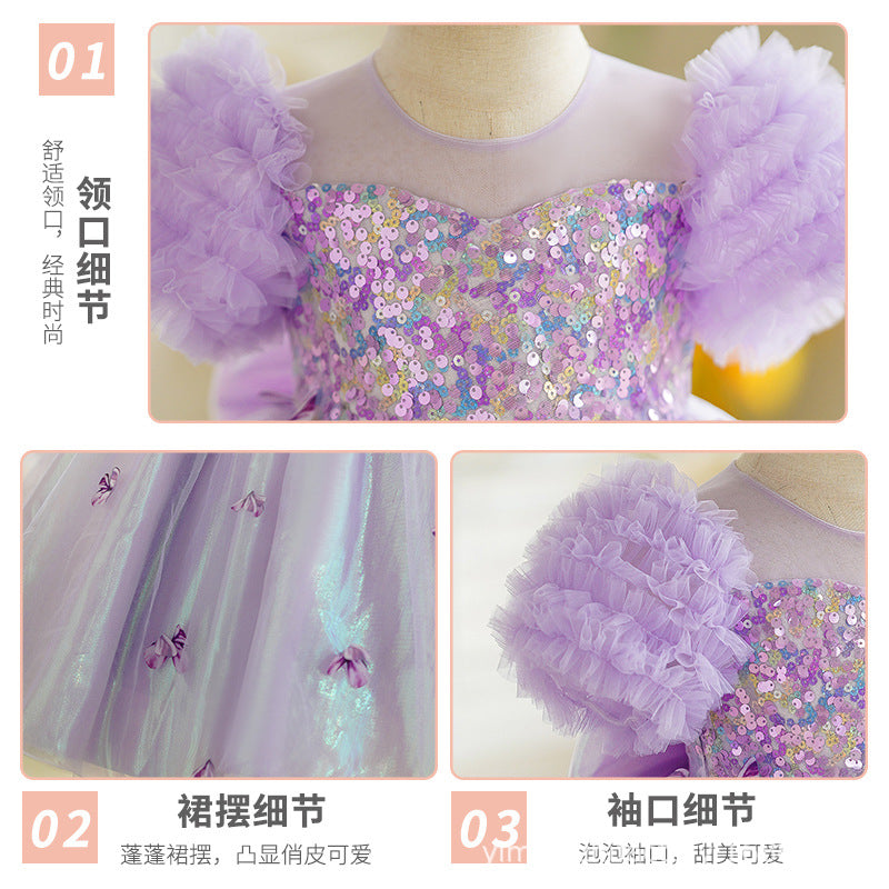 Rainbow girl's dress - new style first birthday baby dress with 3d butterfly back, bubble sleeves, and sequin detail