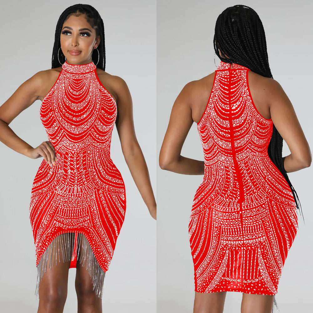 C6377   fashion women's solid color rhinestone sleeveless halter mini dress