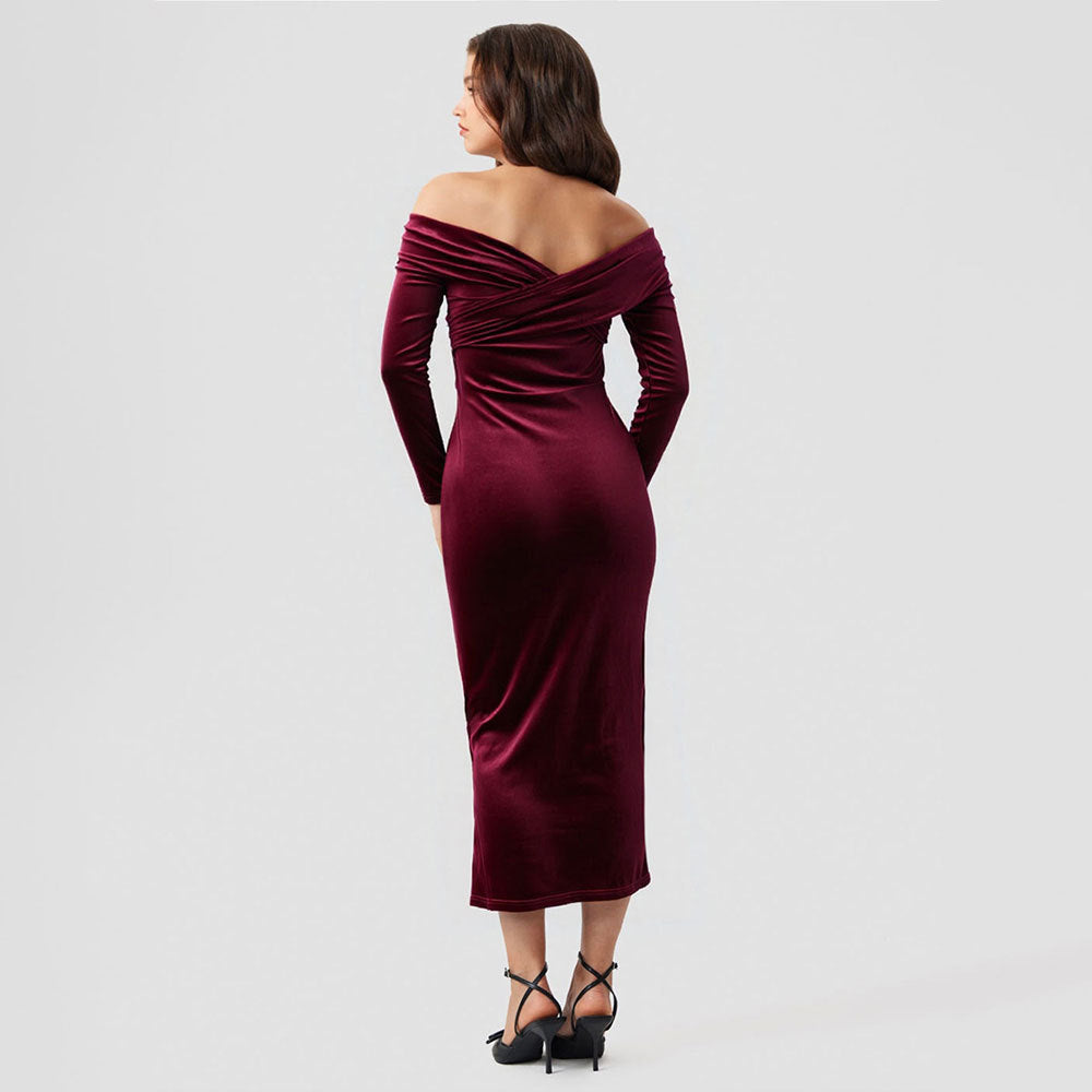 Fashion cross-border gold velvet silm hip-hugging dress women's new arrival cross v neck one-line collar off-shoulder slit long skirt