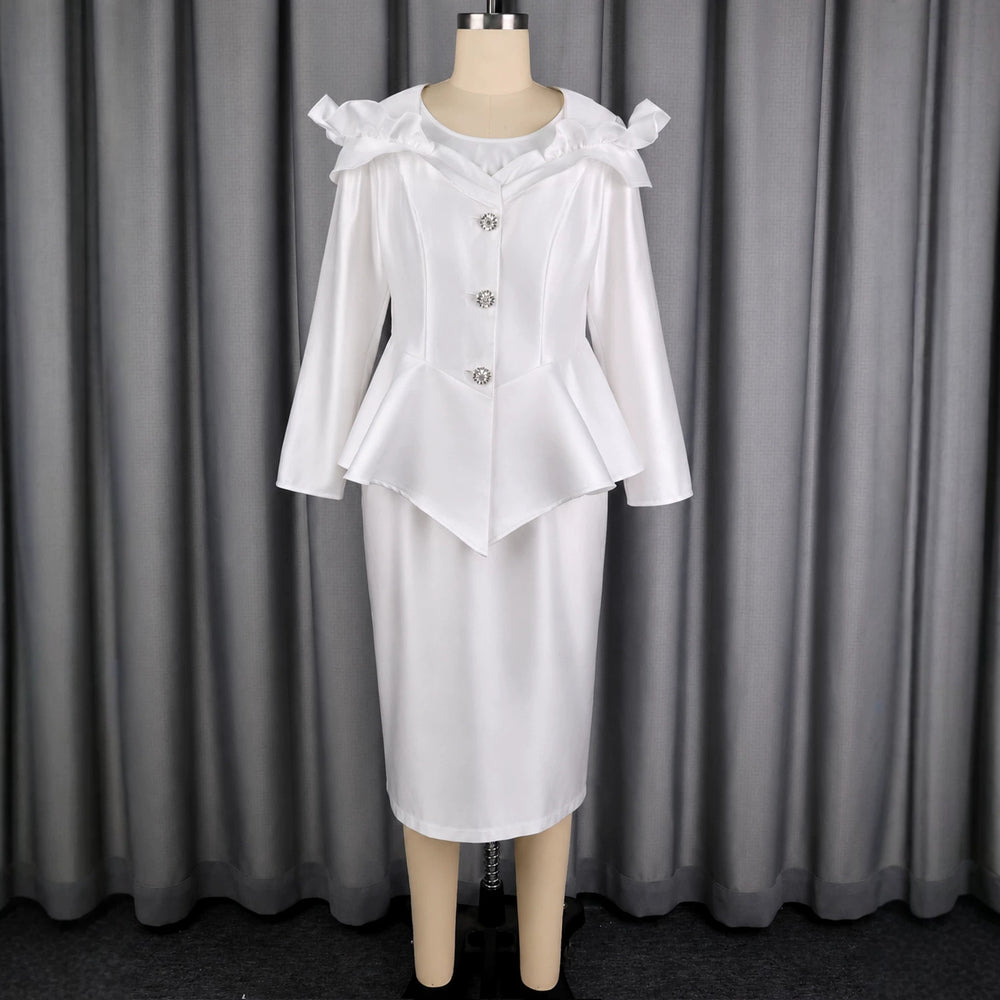 New autumn elegant commute satin skirt set - ruffle trim solid color slim fit beaded button top with bodycon dress