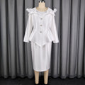 New autumn elegant commute satin skirt set - ruffle trim solid color slim fit beaded button top with bodycon dress