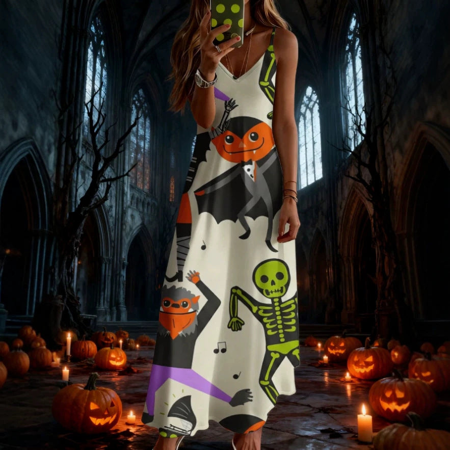halloween pattern printing longdressv neckloose vacation suspender skirt