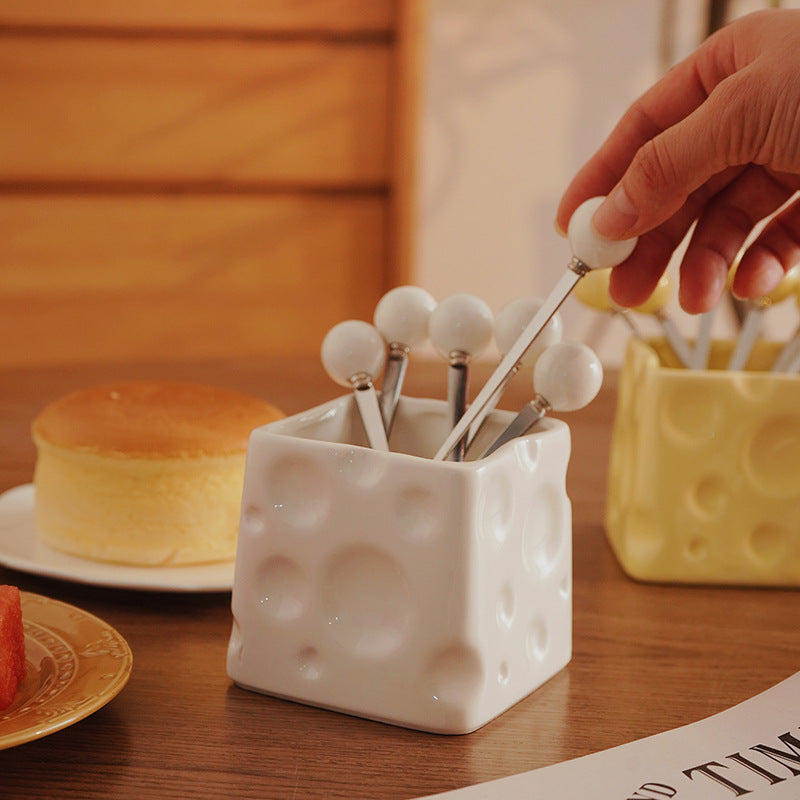 Creamy chic fruit fork set - premium ceramic cheese storage jar - versatile bar decor & perfect gift