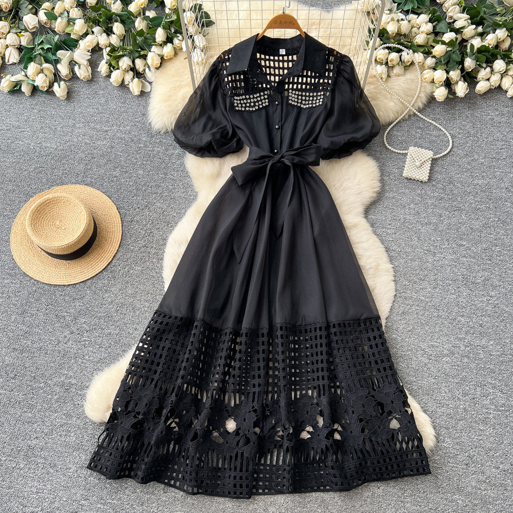 French yellow cut out short sleeve tie backdress women's summer accessible luxuryelegant style a-line work clothing long skirt