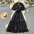French yellow cut out short sleeve tie backdress women's summer accessible luxuryelegant style a-line work clothing long skirt