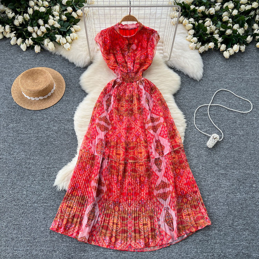Frenchretroelegancedress women's classy stand collar sleeveless waist slimming look a-line floral pleated chiffon skirt