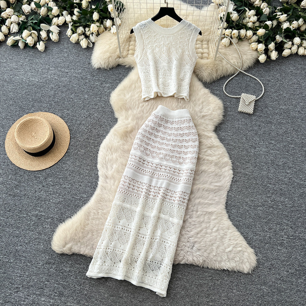 Vacation style cut out silm type lacetwo-piece set women's summerhigh waistslimming look vest skirtelegantsuit