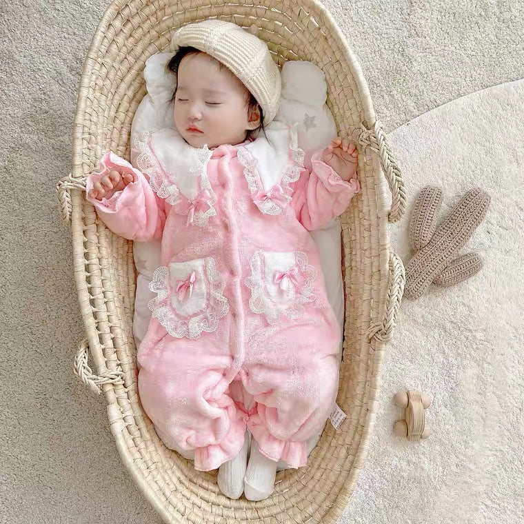 Autumn winter baby girl k-style super soft outing long sleeves khaki baby home casualfleece-lined romper cute