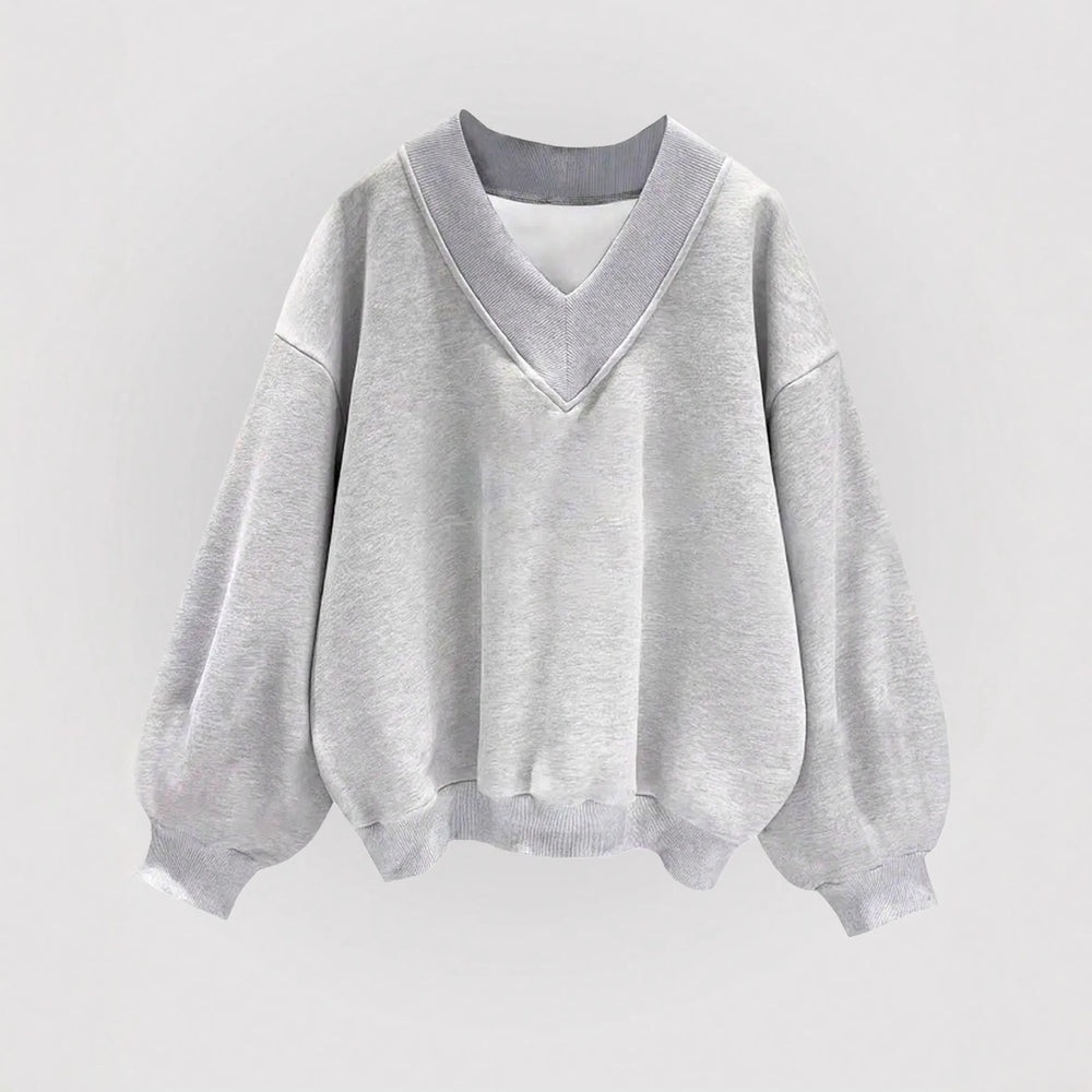 Amazon cross-border foreign trade autum gray sweatshirt short-sleeved k-stylecasualloosev necktopsplaidlong sleeves
