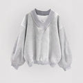 Amazon cross-border foreign trade autum gray sweatshirt short-sleeved k-stylecasualloosev necktopsplaidlong sleeves