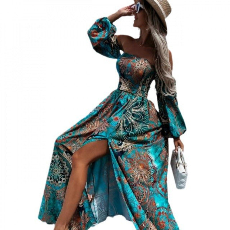 Aliexpress new arrival: off-the-shoulder long sleeve bandeau printed maxi dress