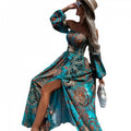 Aliexpress new arrival: off-the-shoulder long sleeve bandeau printed maxi dress