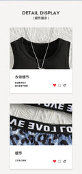 Girls' activewear set: black tank top with sporty letter webbing and leopard print shorts - perfect for summer!