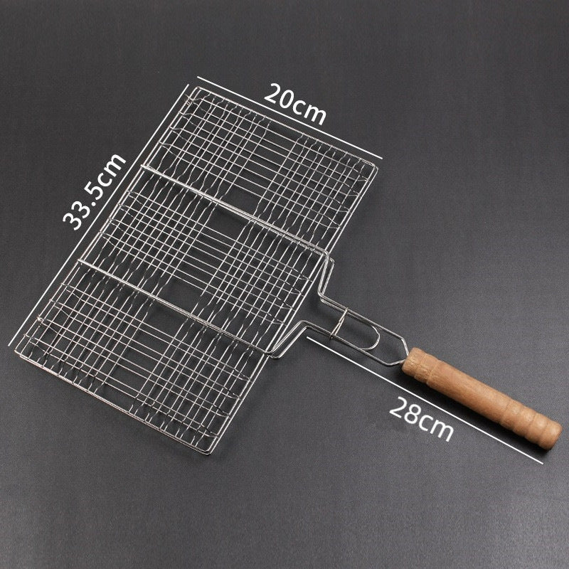 Household outdoor thickened stainless steel grilled fish clip thickened barbecue clip bbq barbecue tool accessories wooden handle vegetable clip