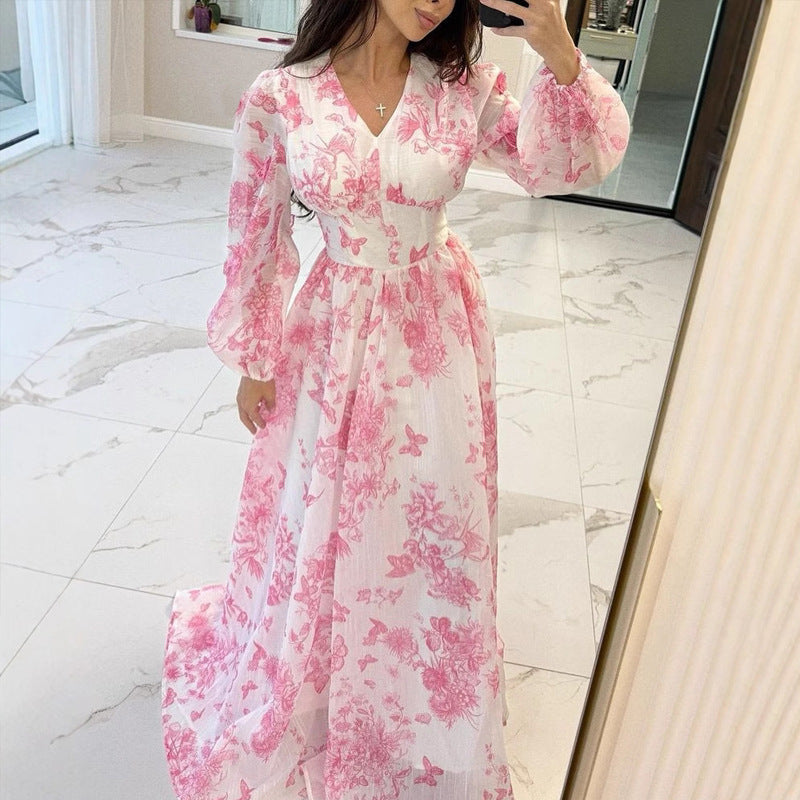 summer new arrival: european and american  high-waisted, elegant, french-style, slim-fit, long, flowy vacation dress