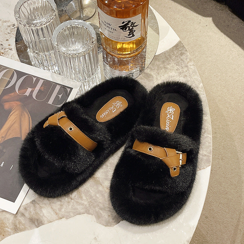 Fuzzy slippers women's premium outdoor wear 2024 new autumn/winter cotton slippers indoor home one-strap slides fluffy