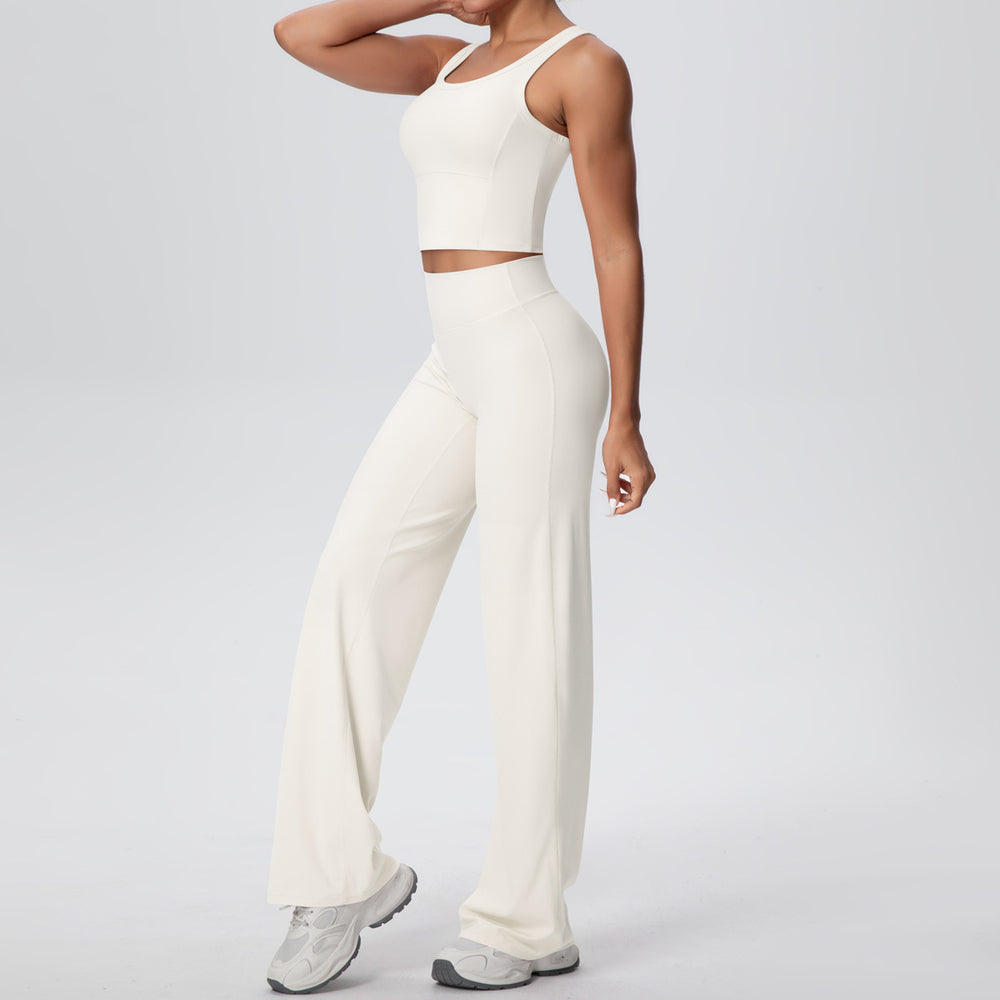 New arrival: cross-border double-sided brushed solid color breathable long wide-leg yoga outfit set - two-piece activewear for running and fitness