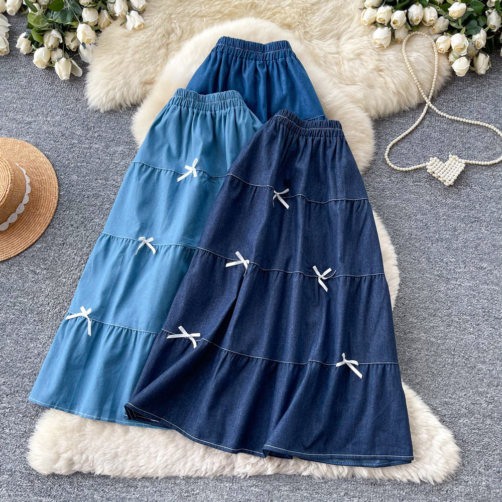 Korean style high-waisted a-line midi skirt with bow detail - sweet & chic summer workwear