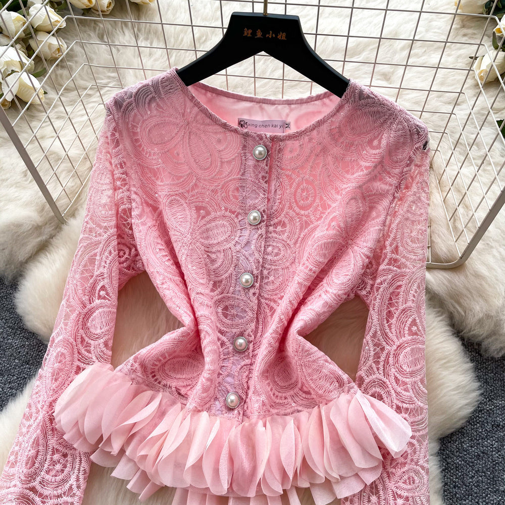 French chic lace cutout elegant two-piece set for women -  spring/autumn slim-fit high-end style
