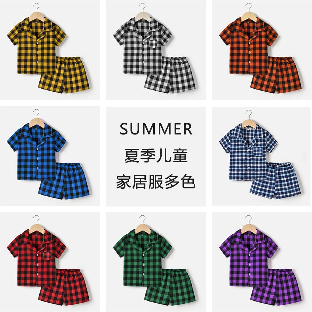 Export children's clothing kids pajamas spring and summer boys short-sleeved kids plaidcardigan boys thin cotton kids home clothes