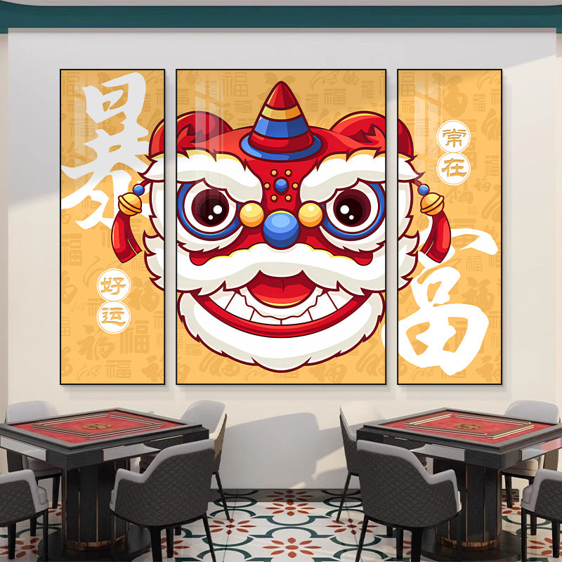 Chess and card room pink violent bear decorative painting Self-service mahjong hall box hanging painting Sparrow room Guochao lion dancing mural