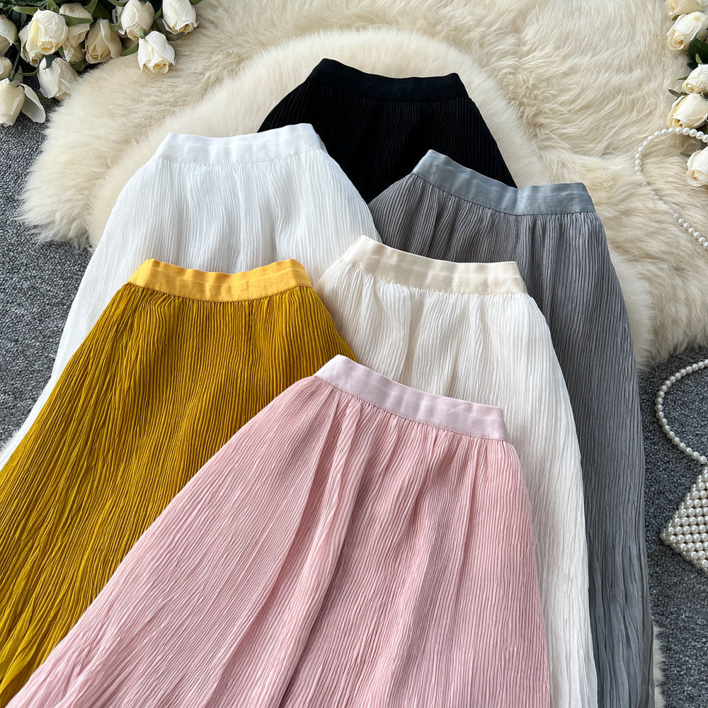 K-style high waist pleated lace skirt women's summer a-line casual large swing work clothingelegant long skirt multi-color