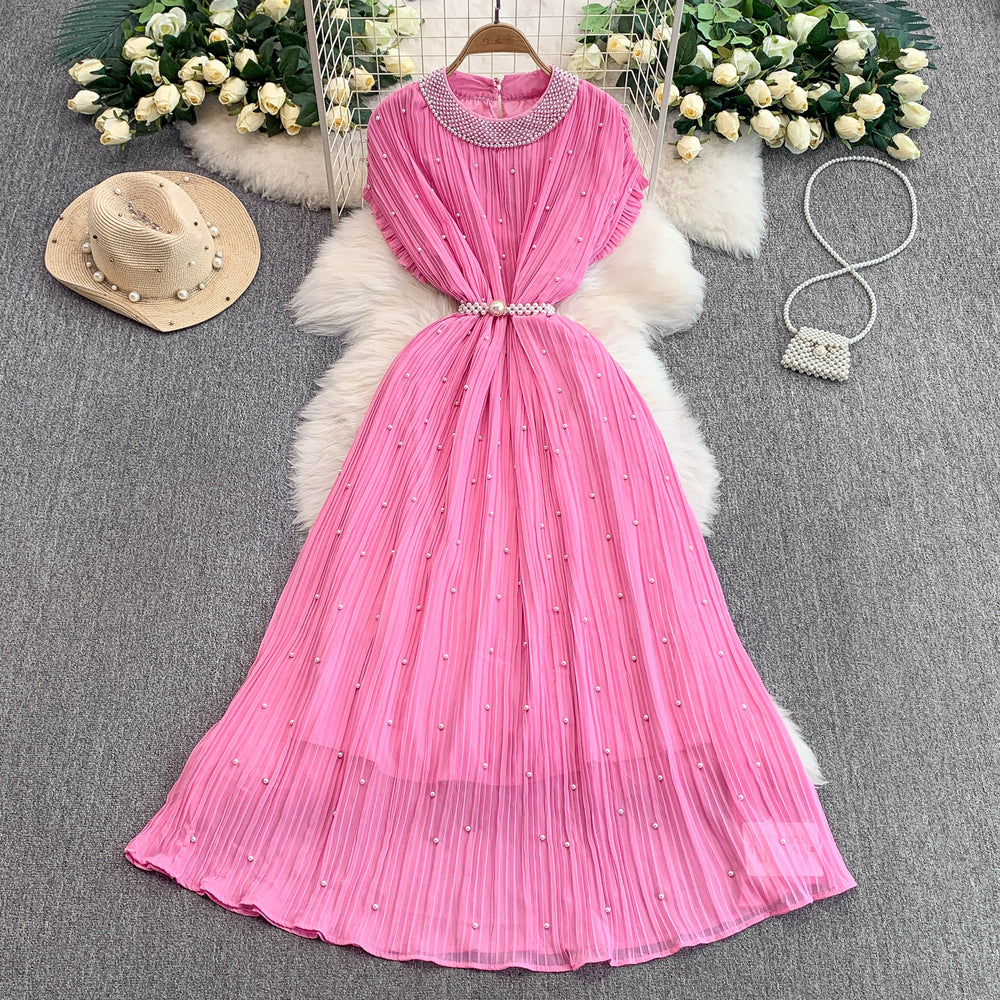 European and american light luxury socialite beaded round neck dress - women's summer slimming pleated elegant long gown