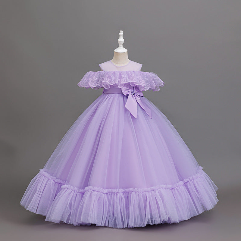girls' off-the-shoulder lace patchwork long mesh princess dress - ready stock wholesale flower girl dress