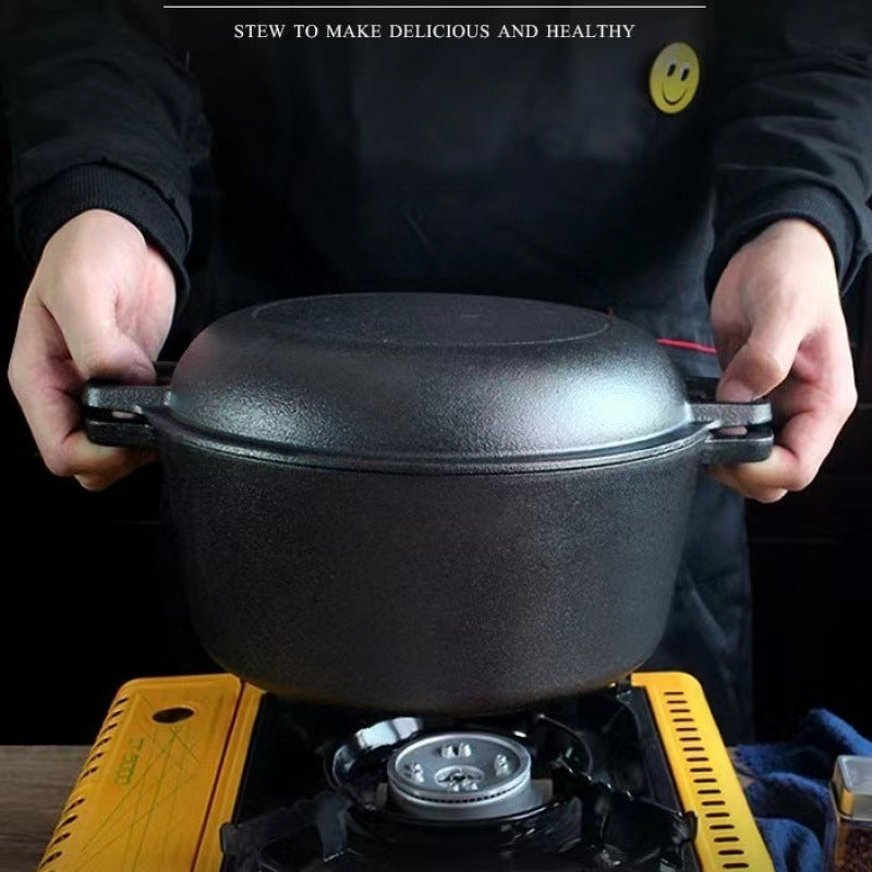 Cast iron pot 26cm dual-purpose double-purpose frying pan saucepan thickened uncoated soup pot Dutch pot binaural induction cooker