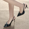 2026 summer new arrival: black stiletto heel sandals with rivet detail, buckle closure, pointed toe, closed back, and open heel – perfect for evening wear