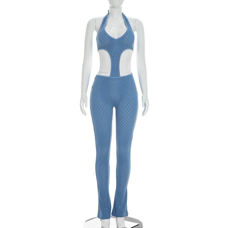nightclub style sexy hot girl pure color see-through silmslimming lookknitting deep v jumpsuit one-piece jumpsuit