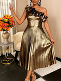 New arrival: asymmetrical neckline one-shoulder evening gown - elegant shiny ruffle collar party dress