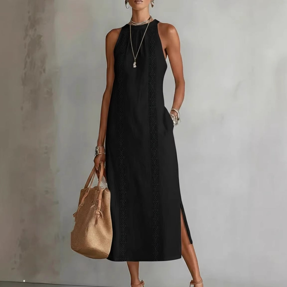 spring collection: european & american -style halter neck sleeveless dress - solid color lace trim, perfect for vacation