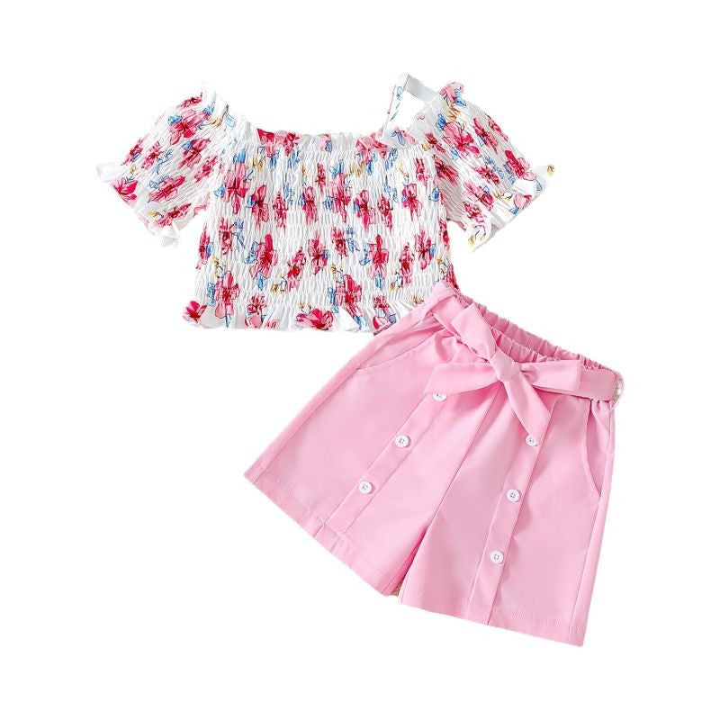 summergirlsuit pink shorts floral suspender topschildrenk-style short-sleeved two-piece set