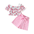 summergirlsuit pink shorts floral suspender topschildrenk-style short-sleeved two-piece set