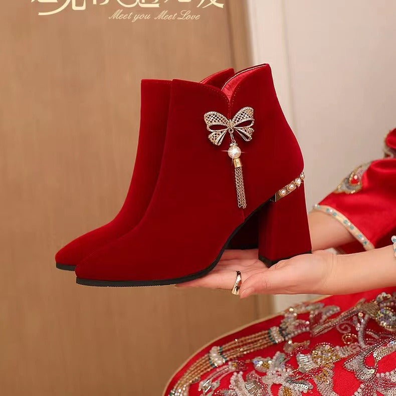 Wedding shoes bridal shoes winter fleece-lined thick heel 2023new arrivalwinter red high heels women's wedding boots not tired feet