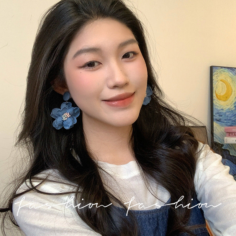 2026 spring/summer new collection: blue fabric flower earrings - french vintage, vacation-ready, statement-making, denim-inspired, and flattering