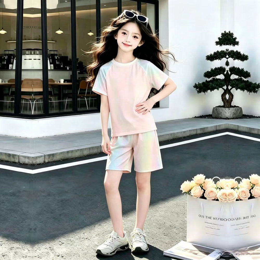 Kids'  summer new ice silk set - girls' cute student style, casual colorful gradient two-piece outfit for mid-to-large children