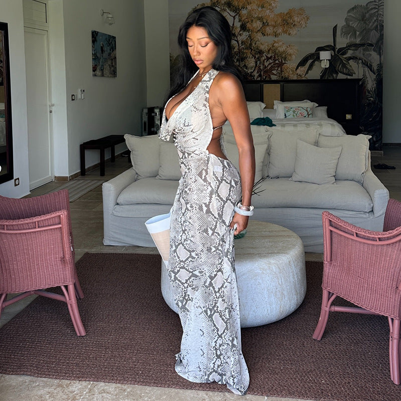 Fashion style cross-border gray and white printed women's halterneck hip skirt elegant waist low-cut long classydress