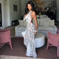 Fashion style cross-border gray and white printed women's halterneck hip skirt elegant waist low-cut long classydress