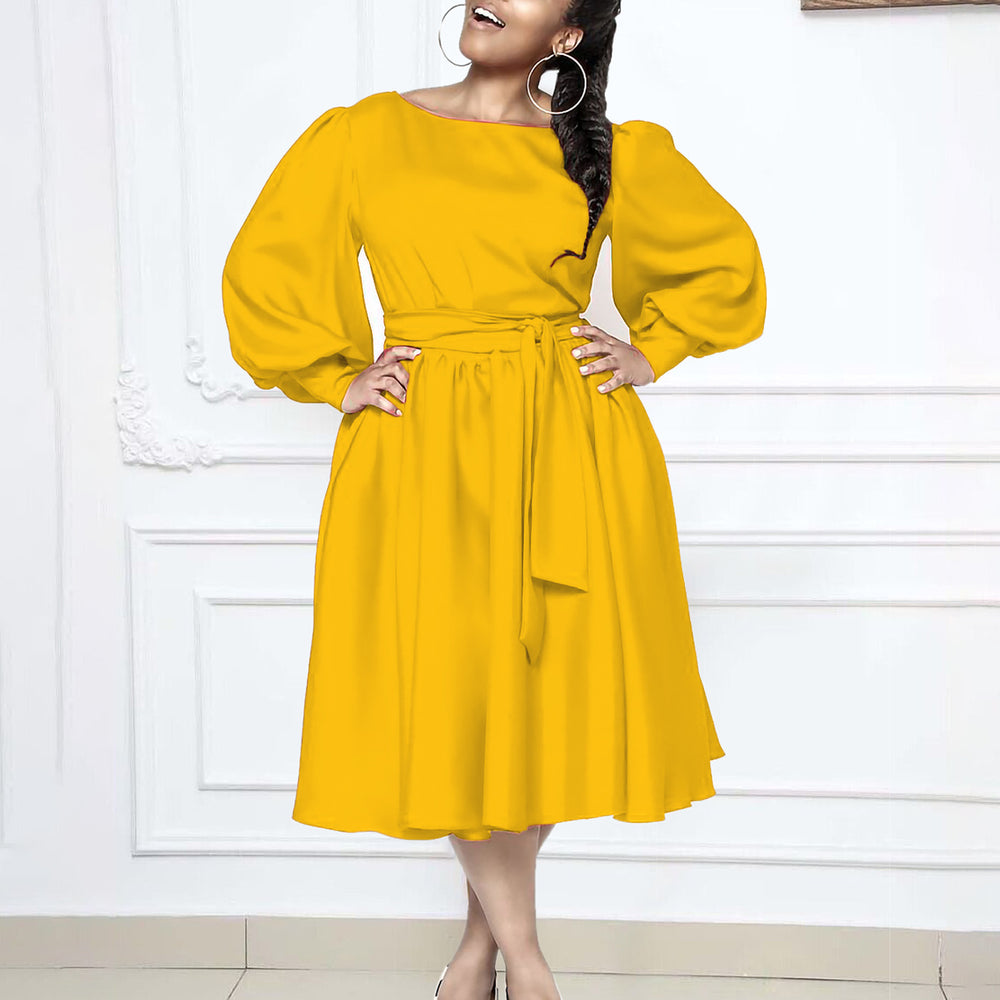 D479  cross-border women's spring  new long-sleeve crew neck tie-waist solid color a-line dress - european and american style