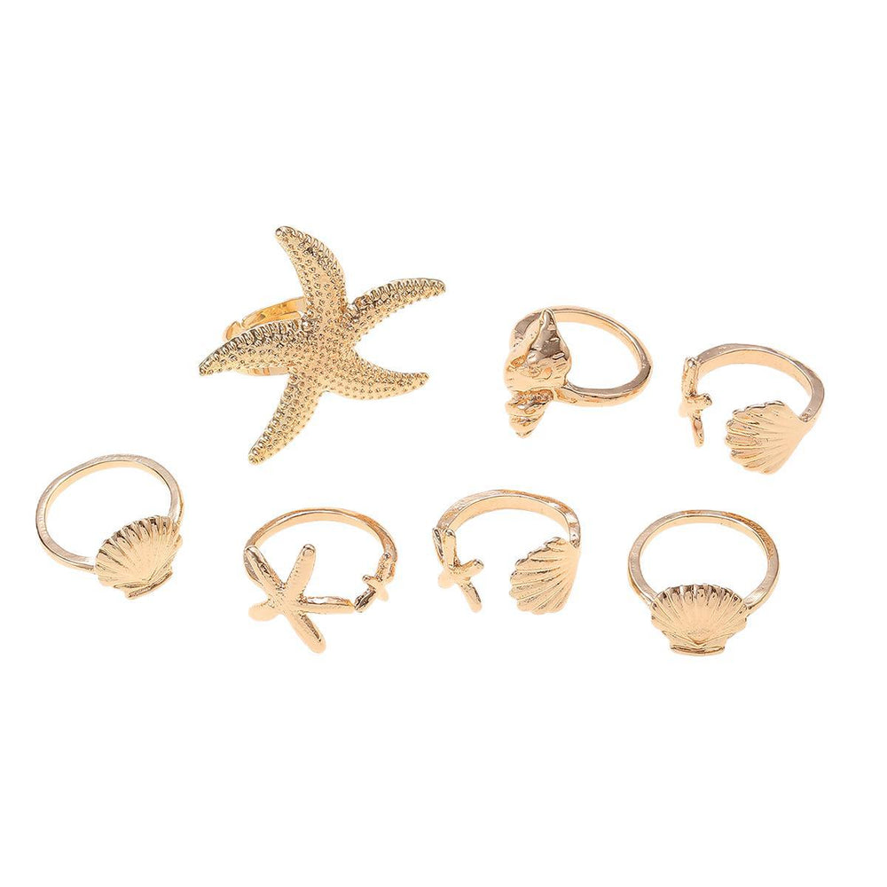 Wholesale ring sets: cross-border ocean-inspired jewelry - starfish, seashell, knuckle rings, irregular ins-style stackable rings